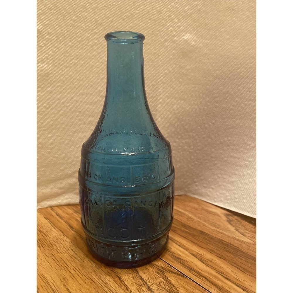Vintage Wheaton NJ Dr. Chandler's Jamaica Ginger Root Bitters Barrel Bottle Blue